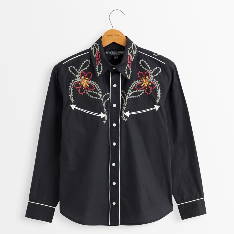 Women The J. Peterman Company Blouses & Tops | Embroidered Western Shirt Black