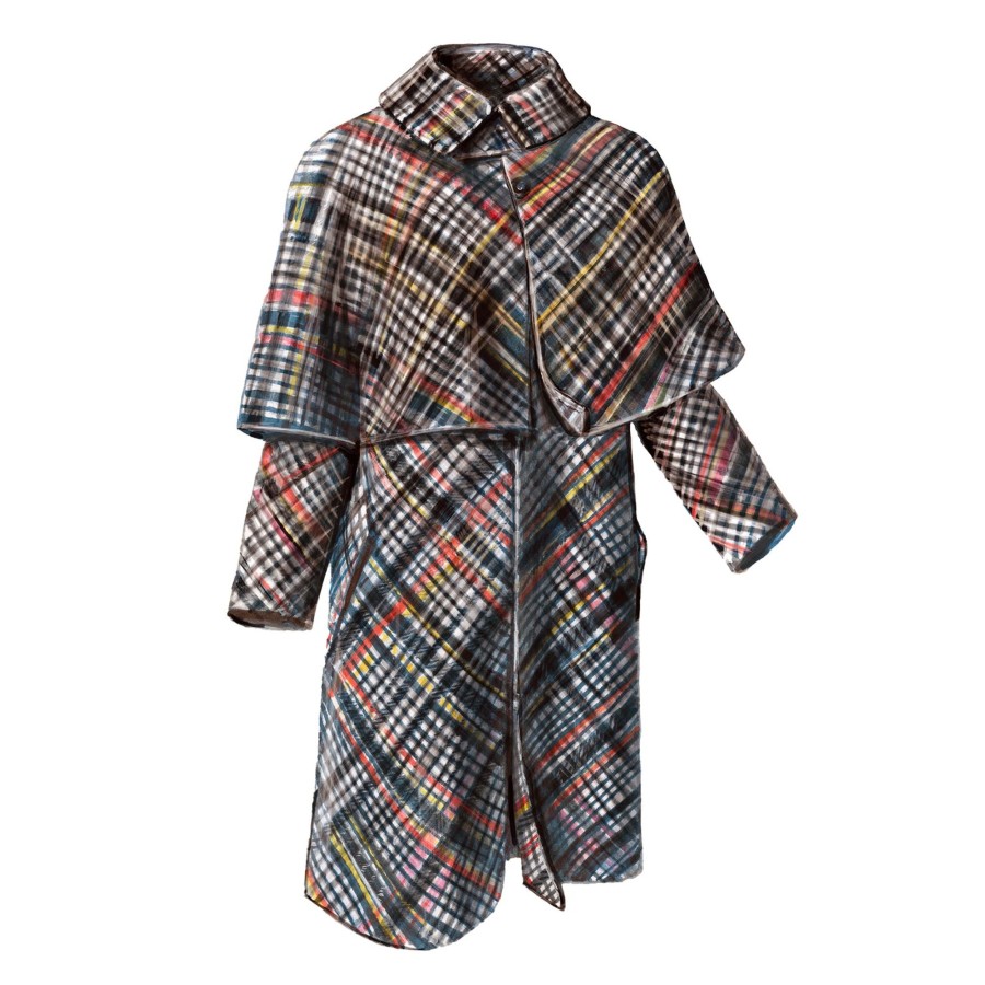 Women The J. Peterman Company Outerwear | Octavia'S Capelet Coat Navy Coral Plaid