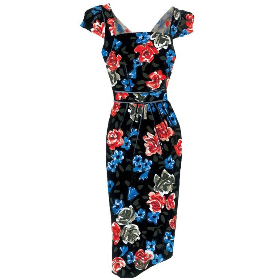 Women The J. Peterman Company Dresses | Retro Floral Dress Black Floral