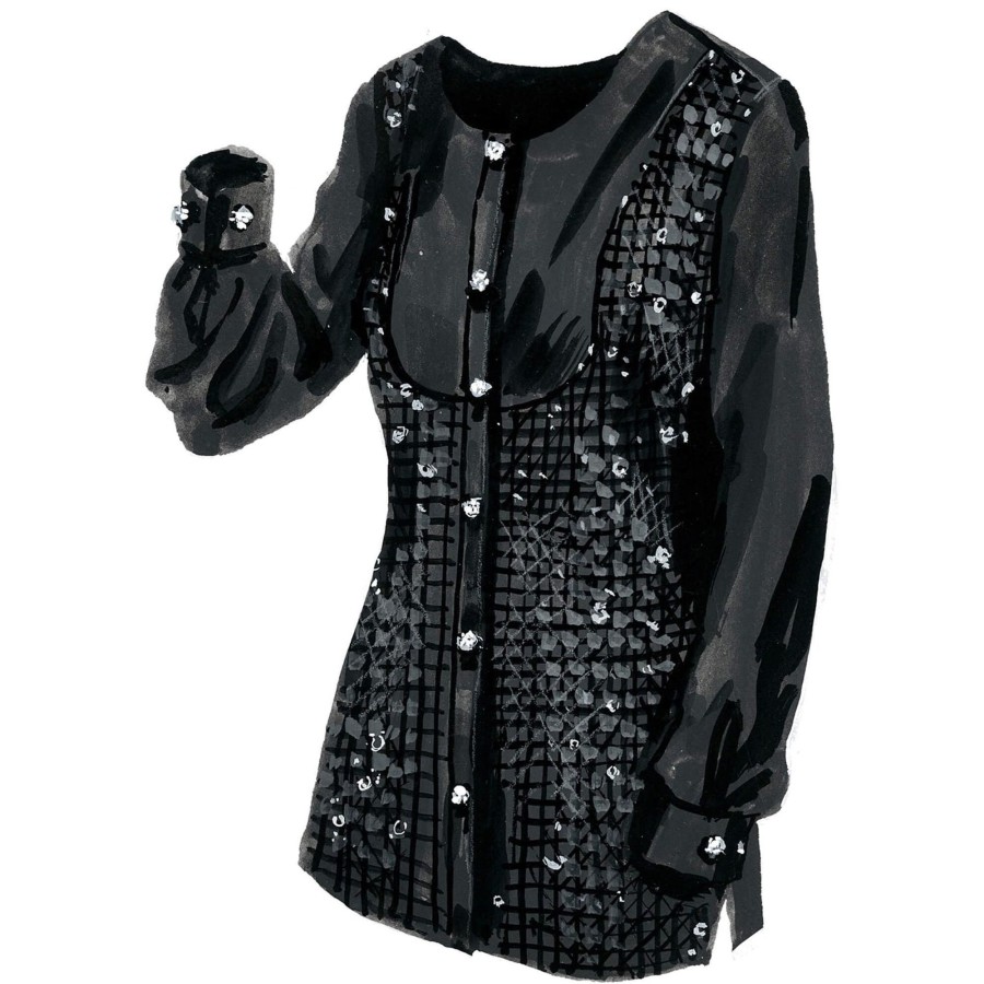 Women The J. Peterman Company Blouses & Tops | Sequin Bib-Front Blouse Black