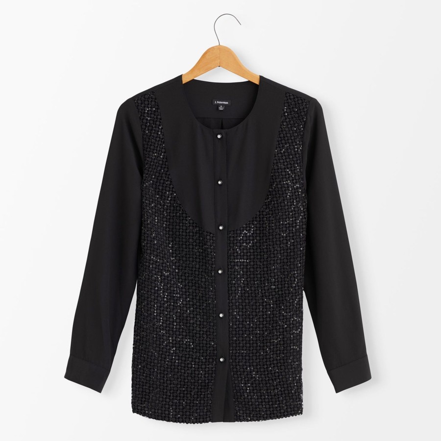 Women The J. Peterman Company Blouses & Tops | Sequin Bib-Front Blouse Black