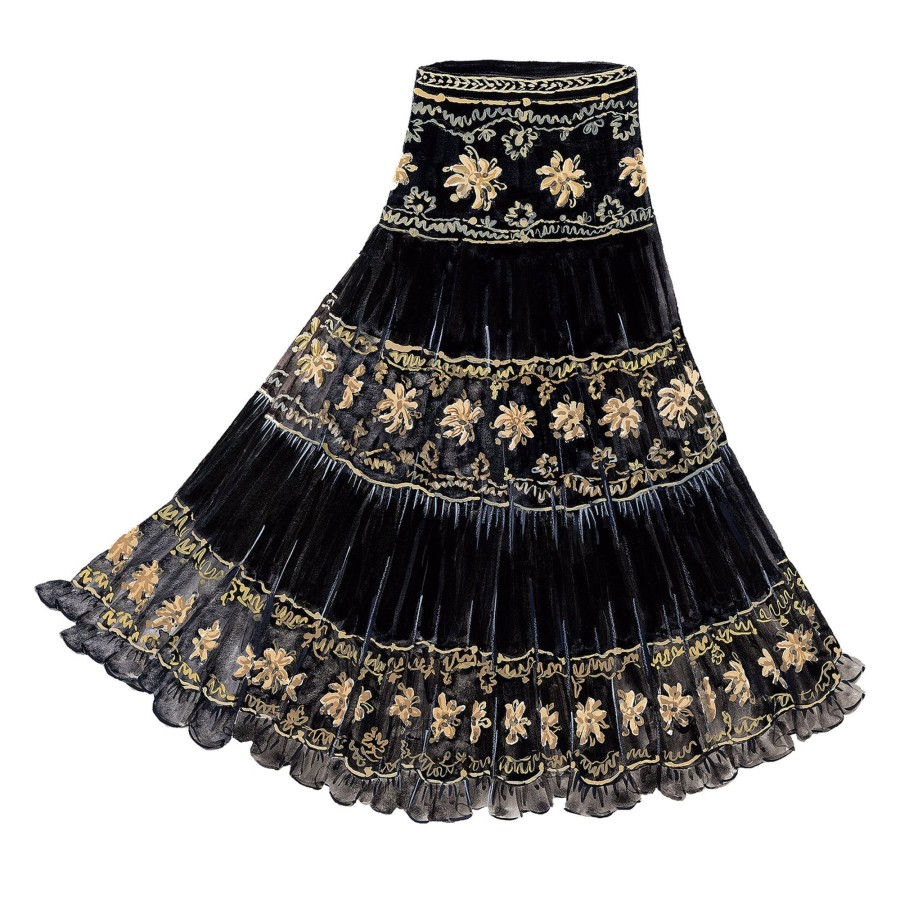 Women The J. Peterman Company Skirts | Embroidered Tier Skirt Black Cream