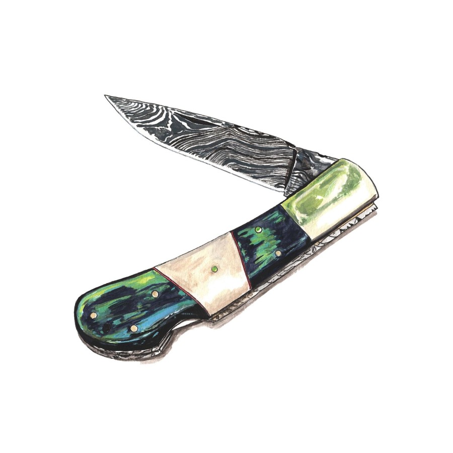 Accessories The J. Peterman Company | Damascus Folder Pocket Knife Emerald