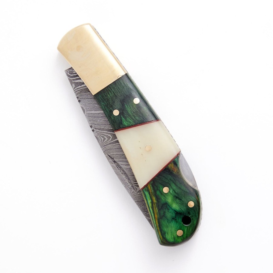 Accessories The J. Peterman Company | Damascus Folder Pocket Knife Emerald